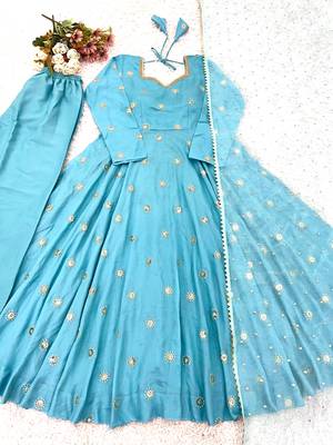 Designer sky blue embroidery anarkali kurta set for women with dupatta 4