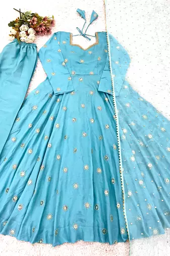 Designer sky blue embroidery anarkali kurta set for women with dupatta