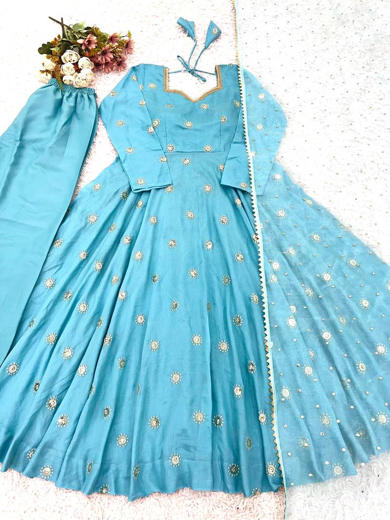 Designer sky blue embroidery anarkali kurta set for women with dupatta