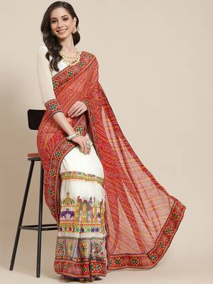 Red & Off-White Bandhani Pure Georgette Half and Half Bandhani Saree 1