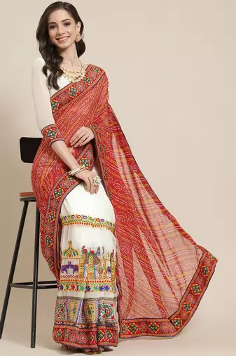 Red & Off-White Bandhani Pure Georgette Half and Half Bandhani Saree