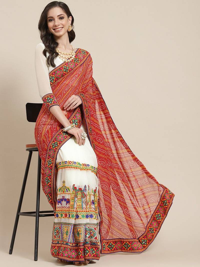 Red & Off-White Bandhani Pure Georgette Half and Half Bandhani Saree