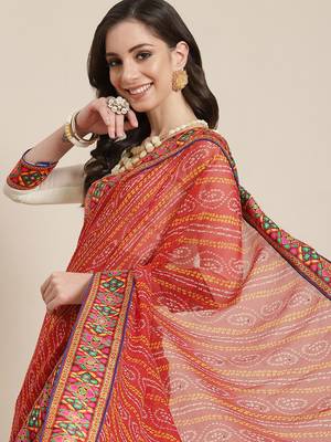 Red & Off-White Bandhani Pure Georgette Half and Half Bandhani Saree 2