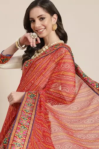 Red & Off-White Bandhani Pure Georgette Half and Half Bandhani Saree
