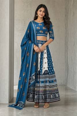 Navratri Ajarakh Print Rayon Semi Stitched Lehenga Choli & Unstitched Blouse With Dupatta 2