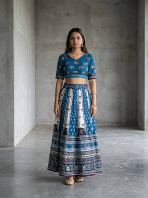 Navratri Ajarakh Print Rayon Semi Stitched Lehenga Choli & Unstitched Blouse With Dupatta 3