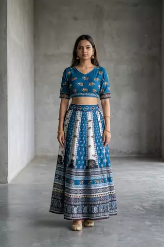 Navratri Ajarakh Print Rayon Semi Stitched Lehenga Choli & Unstitched Blouse With Dupatta