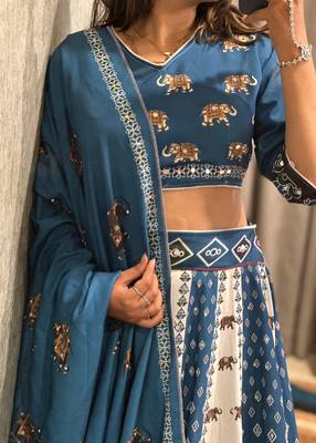 Navratri Ajarakh Print Rayon Semi Stitched Lehenga Choli & Unstitched Blouse With Dupatta 4