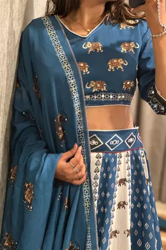 Navratri Ajarakh Print Rayon Semi Stitched Lehenga Choli & Unstitched Blouse With Dupatta
