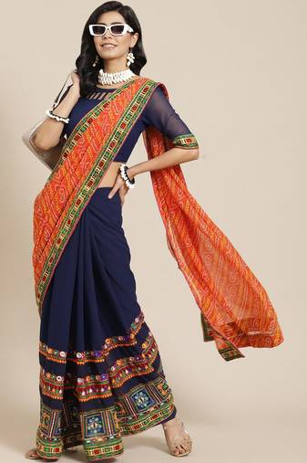 Embroidered Half and Half Bandhani Pure Georgette Saree