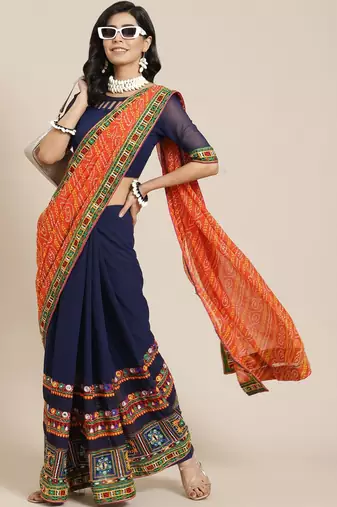 Embroidered Half and Half Bandhani Pure Georgette Saree