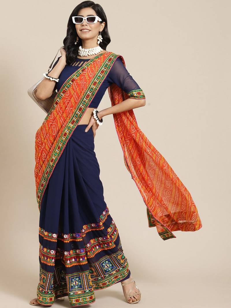 Embroidered Half and Half Bandhani Pure Georgette Saree