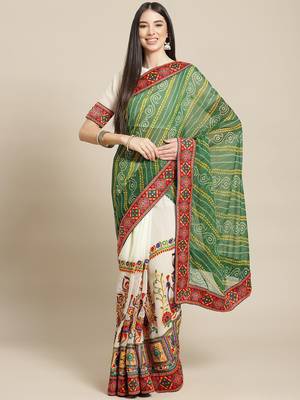 Cream-Coloured & Green Bandhani Kutchi Embroidery Pure Georgette Bandhani Saree 1