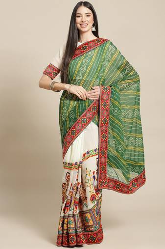 Cream-Coloured & Green Bandhani Kutchi Embroidery Pure Georgette Bandhani Saree