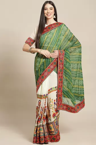 Cream-Coloured & Green Bandhani Kutchi Embroidery Pure Georgette Bandhani Saree