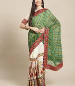 Cream-Coloured & Green Bandhani Kutchi Embroidery Pure Georgette Bandhani Saree