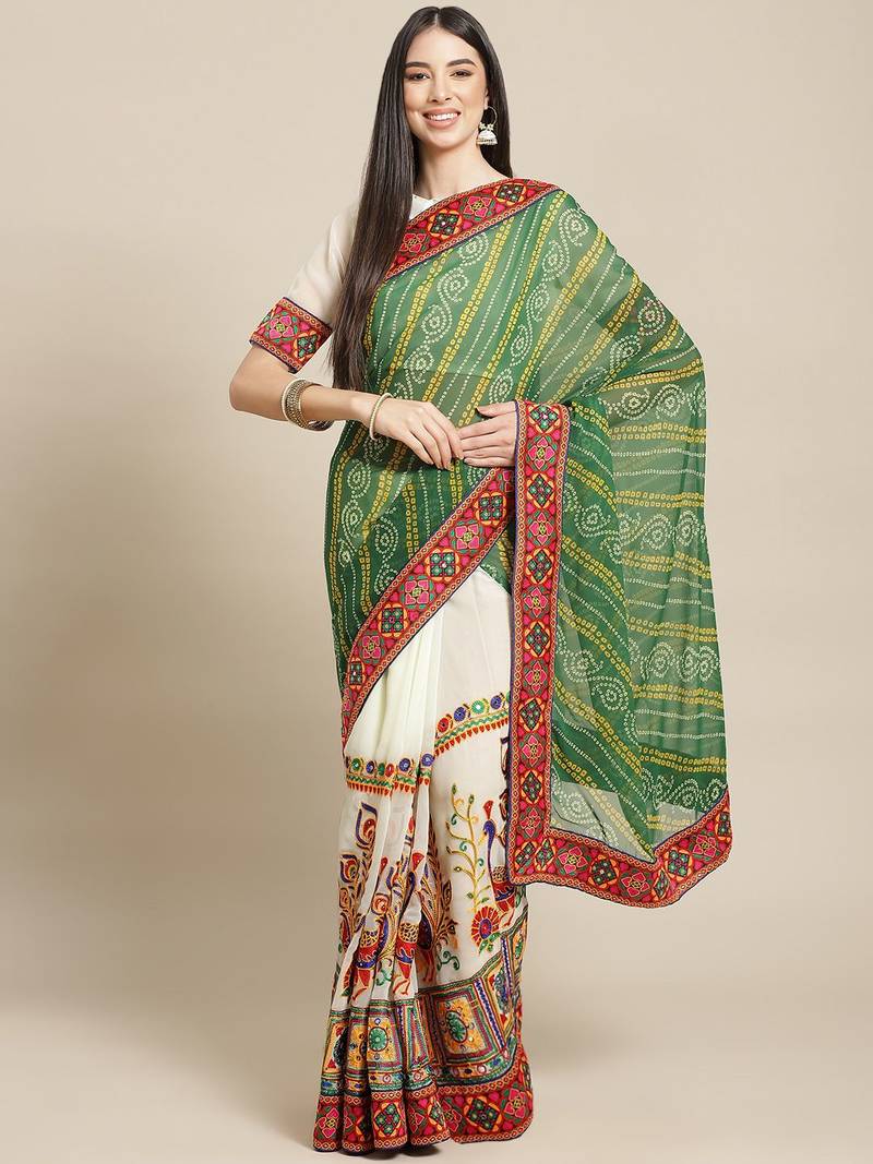 Cream-Coloured & Green Bandhani Kutchi Embroidery Pure Georgette Bandhani Saree