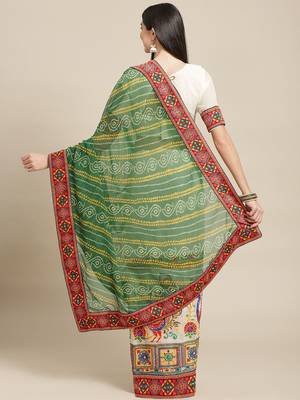 Cream-Coloured & Green Bandhani Kutchi Embroidery Pure Georgette Bandhani Saree 2