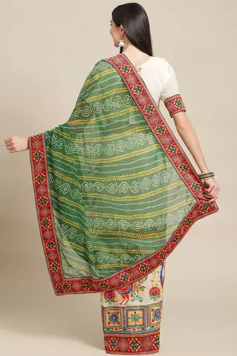Cream-Coloured & Green Bandhani Kutchi Embroidery Pure Georgette Bandhani Saree