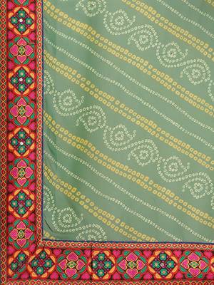 Cream-Coloured & Green Bandhani Kutchi Embroidery Pure Georgette Bandhani Saree 4