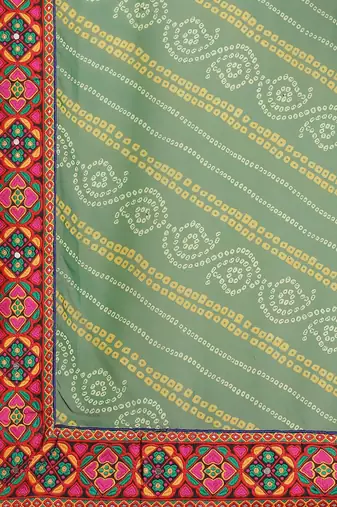 Cream-Coloured & Green Bandhani Kutchi Embroidery Pure Georgette Bandhani Saree
