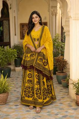 Navratri Ajarakh Print Rayon Semi Stitched Lehenga Choli & Unstitched Blouse With Dupatta 3