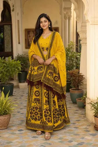 Navratri Ajarakh Print Rayon Semi Stitched Lehenga Choli & Unstitched Blouse With Dupatta