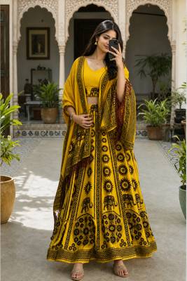 Navratri Ajarakh Print Rayon Semi Stitched Lehenga Choli & Unstitched Blouse With Dupatta 5