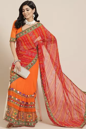 Embroidered Pure Georgette Half and Half Bandhani Saree