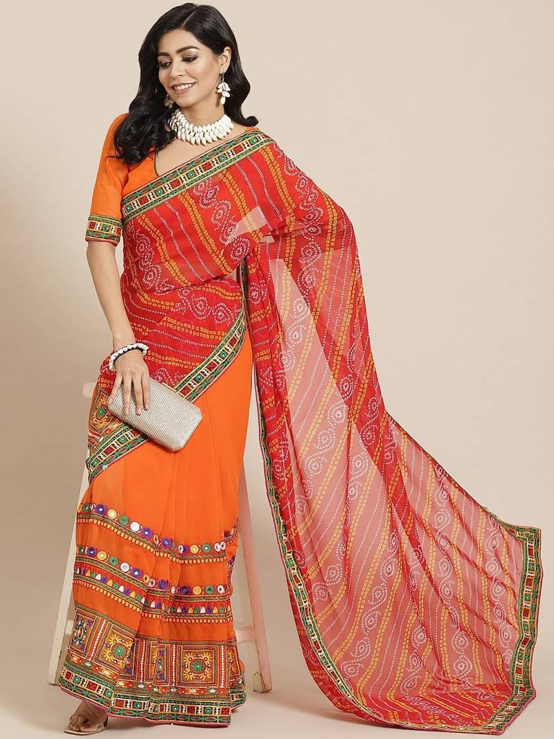 Embroidered Pure Georgette Half and Half Bandhani Saree