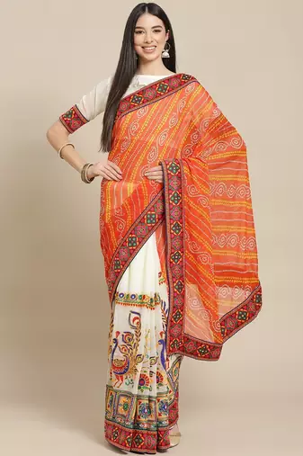 White & Orange Bandhani Kutchi Embroidery Pure Georgette Bandhani Saree