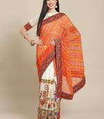 White & Orange Bandhani Kutchi Embroidery Pure Georgette Bandhani Saree
