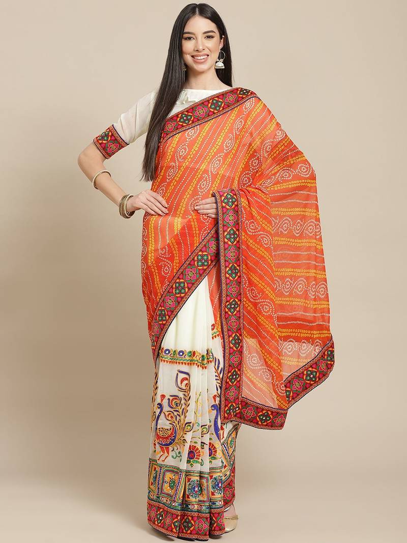 White & Orange Bandhani Kutchi Embroidery Pure Georgette Bandhani Saree