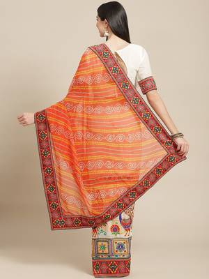 White & Orange Bandhani Kutchi Embroidery Pure Georgette Bandhani Saree 2