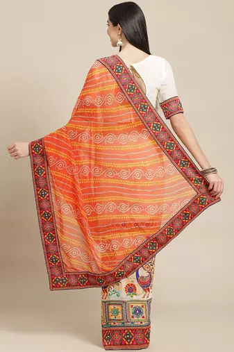White & Orange Bandhani Kutchi Embroidery Pure Georgette Bandhani Saree