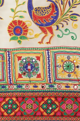 White & Orange Bandhani Kutchi Embroidery Pure Georgette Bandhani Saree