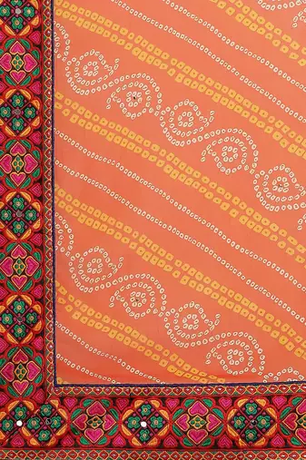 White & Orange Bandhani Kutchi Embroidery Pure Georgette Bandhani Saree