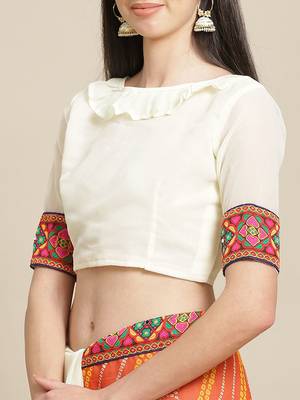 White & Orange Bandhani Kutchi Embroidery Pure Georgette Bandhani Saree 5