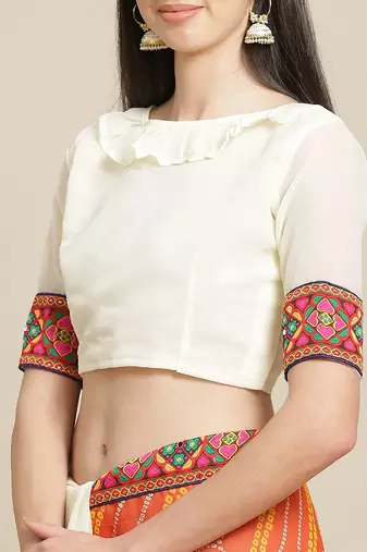 White & Orange Bandhani Kutchi Embroidery Pure Georgette Bandhani Saree