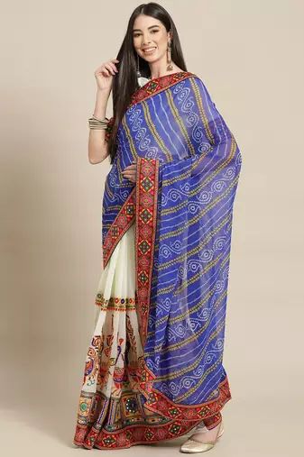 Blue & White Bandhani Kutchi Embroidery Pure Georgette Half and Half Bandhani Saree