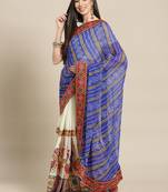 Blue & White Bandhani Kutchi Embroidery Pure Georgette Half and Half Bandhani Saree