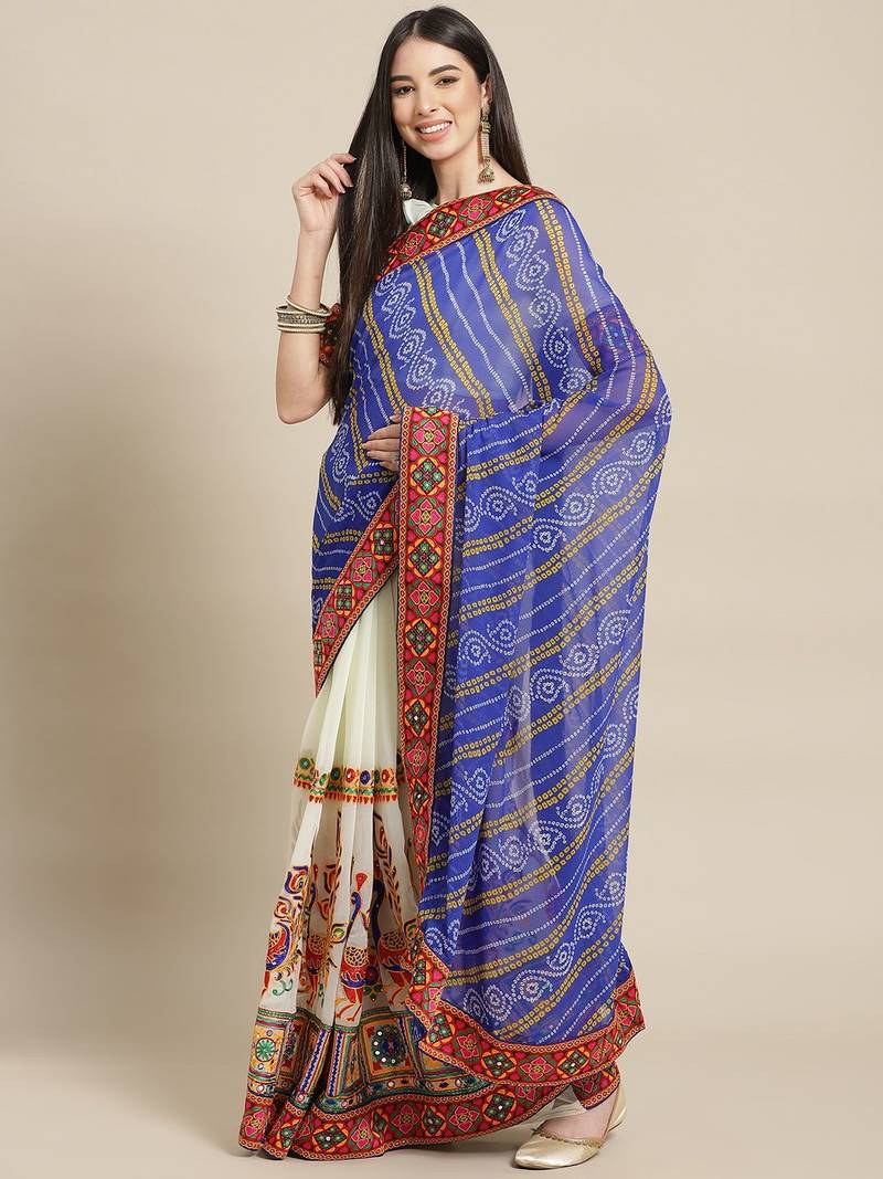 Blue & White Bandhani Kutchi Embroidery Pure Georgette Half and Half Bandhani Saree