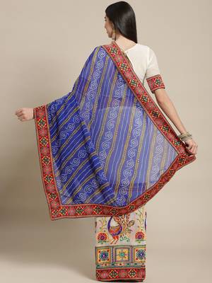 Blue & White Bandhani Kutchi Embroidery Pure Georgette Half and Half Bandhani Saree 2