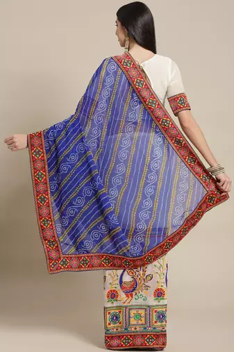 Blue & White Bandhani Kutchi Embroidery Pure Georgette Half and Half Bandhani Saree