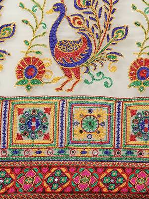 Blue & White Bandhani Kutchi Embroidery Pure Georgette Half and Half Bandhani Saree 3