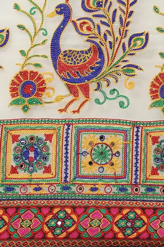 Blue & White Bandhani Kutchi Embroidery Pure Georgette Half and Half Bandhani Saree