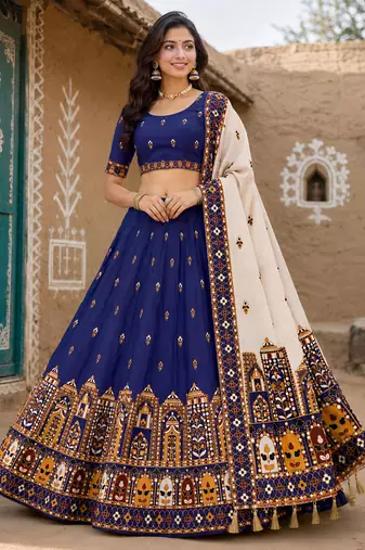 Navratri Ajrakh Print Rayon Lehenga Choli & Blouse With Dupatta