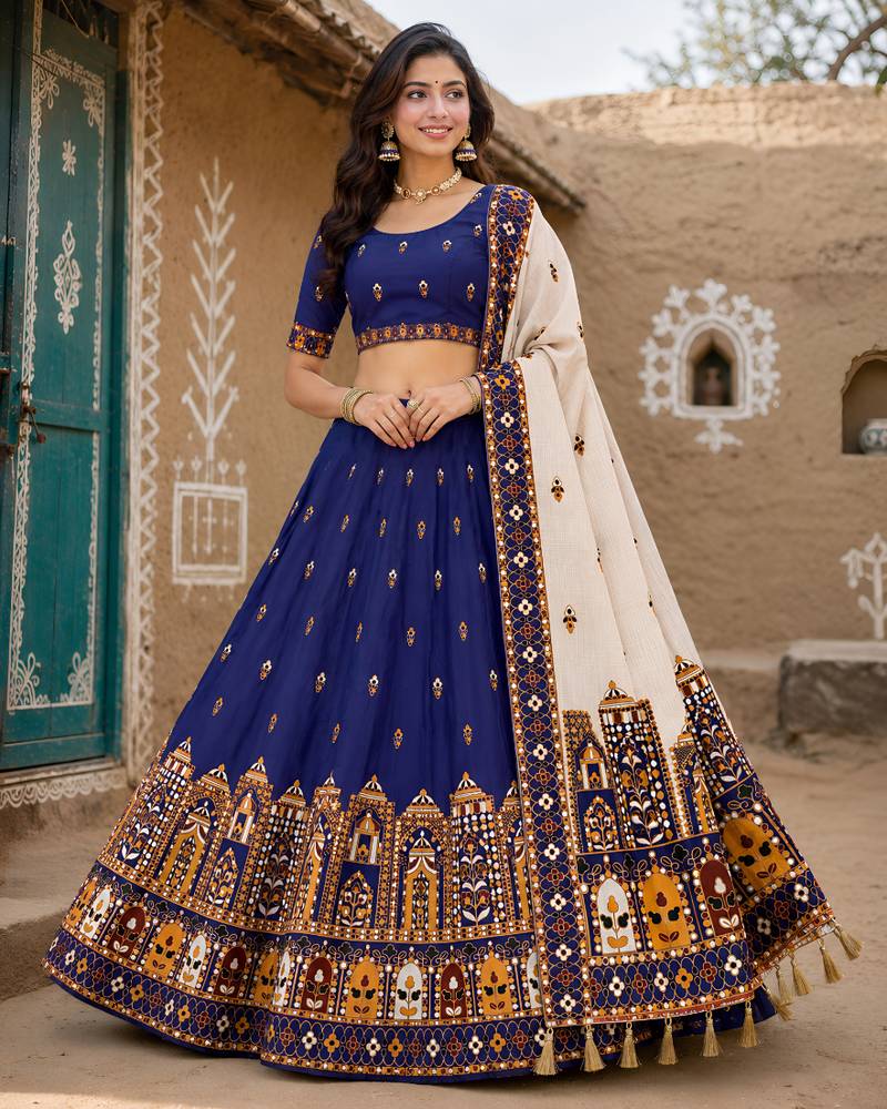 Navratri Ajrakh Print Rayon Lehenga Choli & Blouse With Dupatta