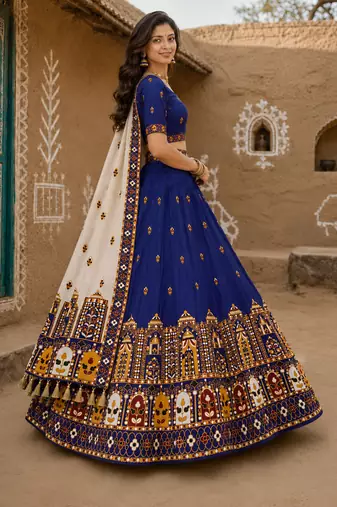 Navratri Ajrakh Print Rayon Lehenga Choli & Blouse With Dupatta