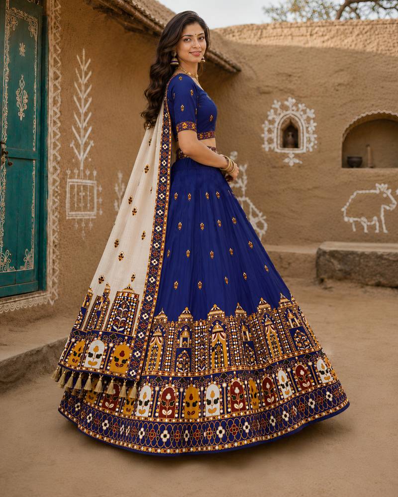 Navratri Ajrakh Print Rayon Lehenga Choli & Blouse With Dupatta